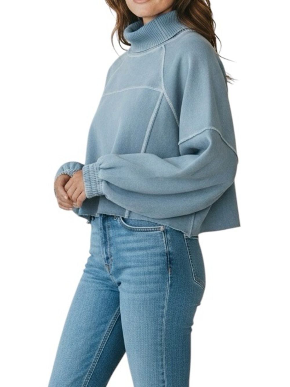 AERIE New Heights Light Blue Turtle Neck Cropped Sweatshirt Medium